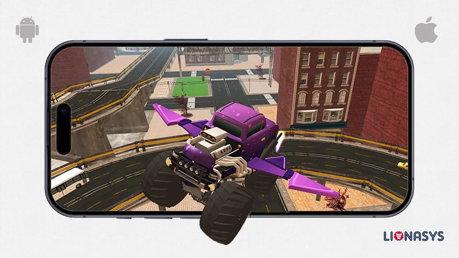 Open-world flying car game with futuristic cityscape